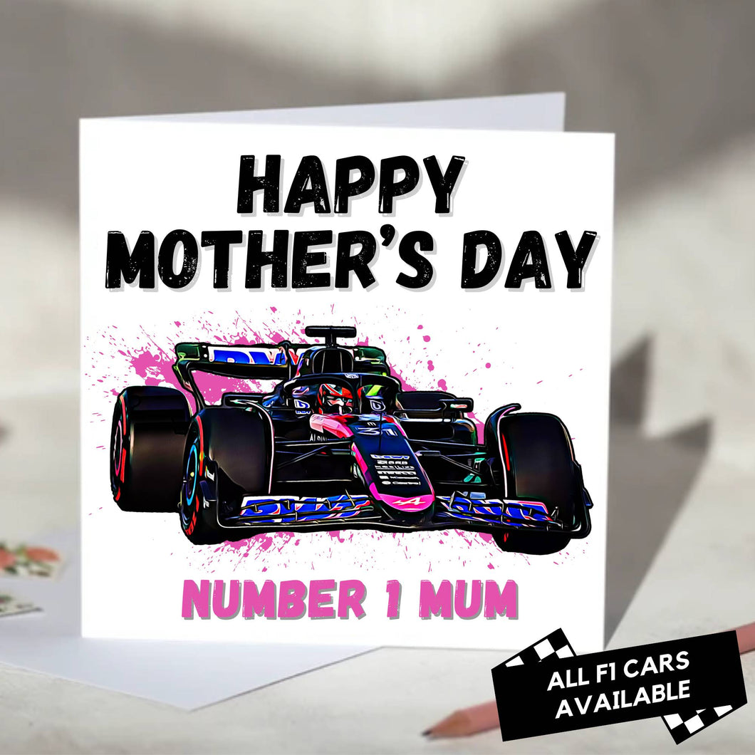 F1 Mother's Day Card Featuring Formula One Racing Car