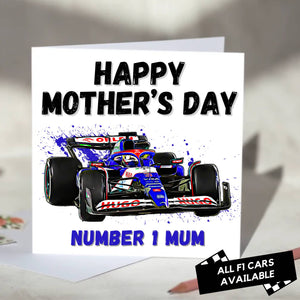 F1 Mother's Day Card Featuring Formula One Racing Car