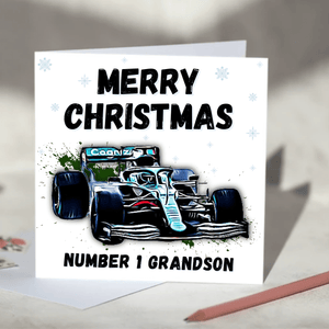 Personalised F1 Christmas Card featuring Racing Cars including Mercedes, Red Bull, McLaren and Ferrari